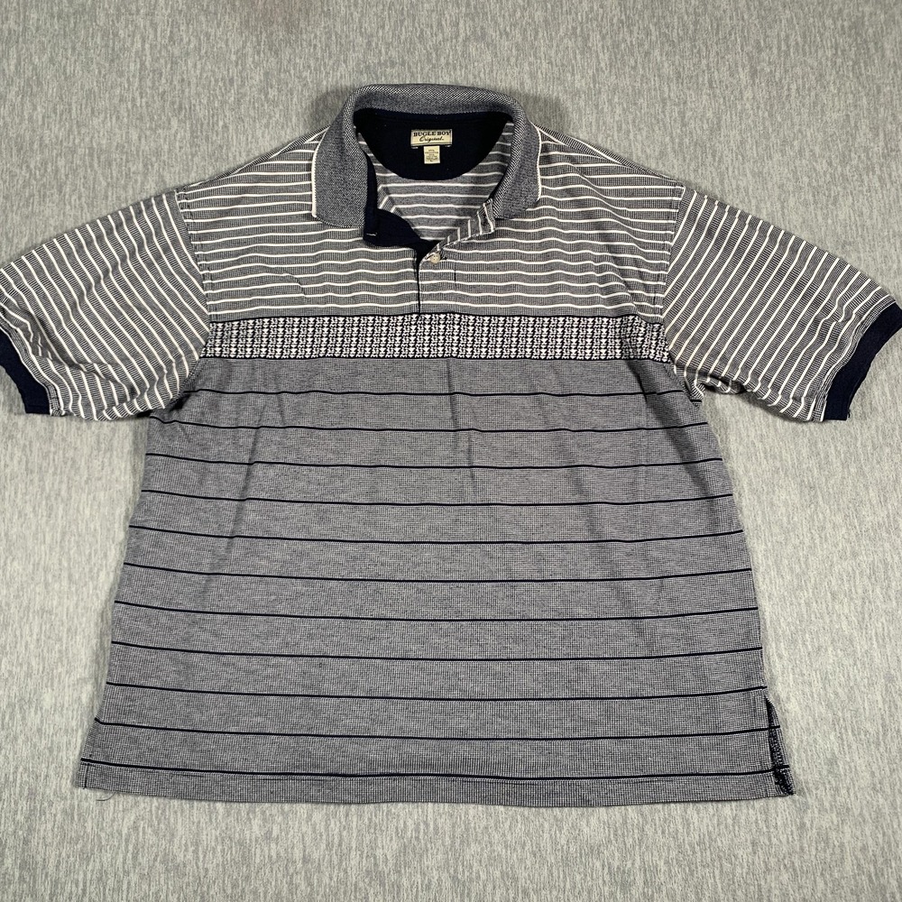 Vintage Bugle Boy Polo Shirt Mens Large Gray Blue Stripe Knit Retro 90s